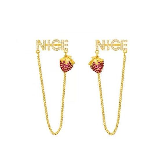 4/$15 Cute Rhinestones Gold and Pink Strawberry Chain Earrings - Picture 3 of 9
